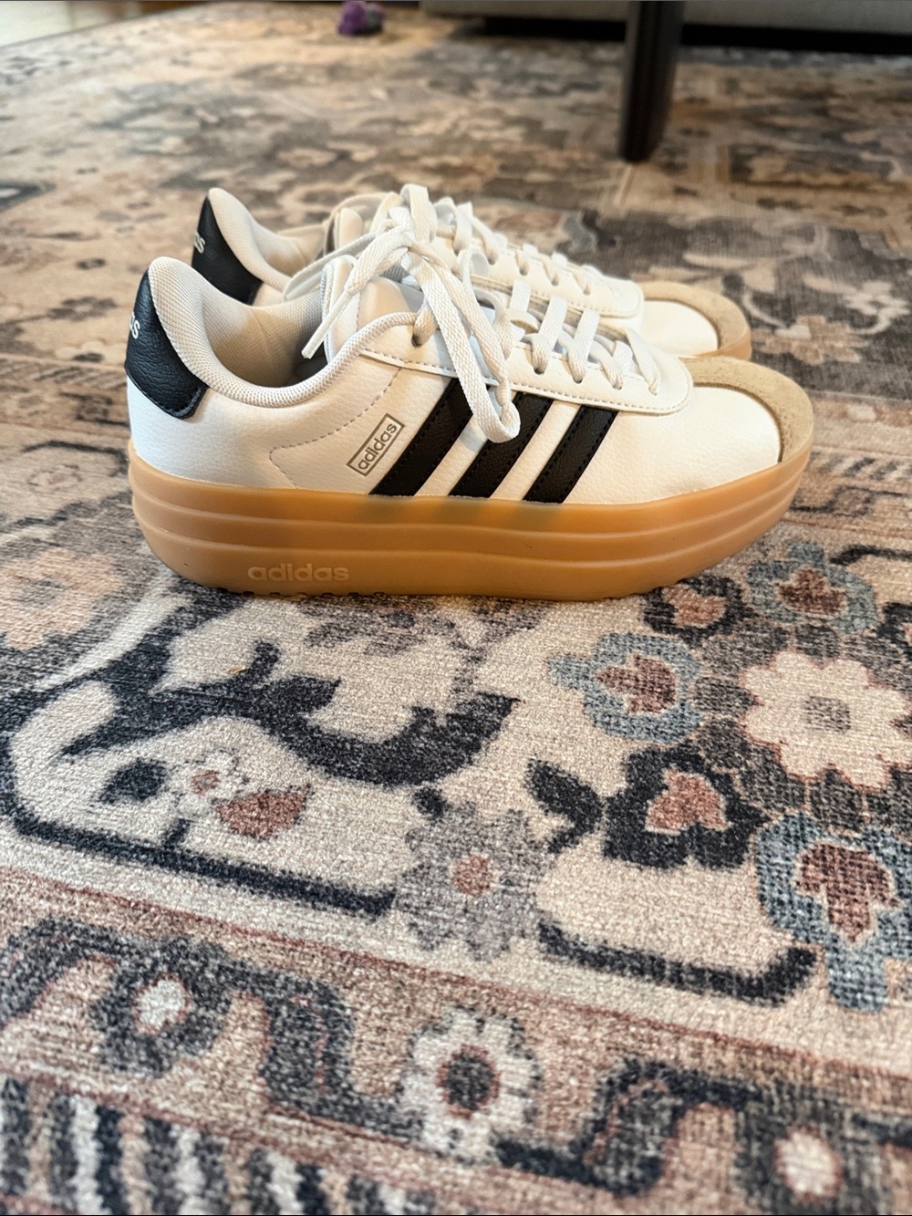 adidas White Sneakers with Black Stripes and Gum Sole